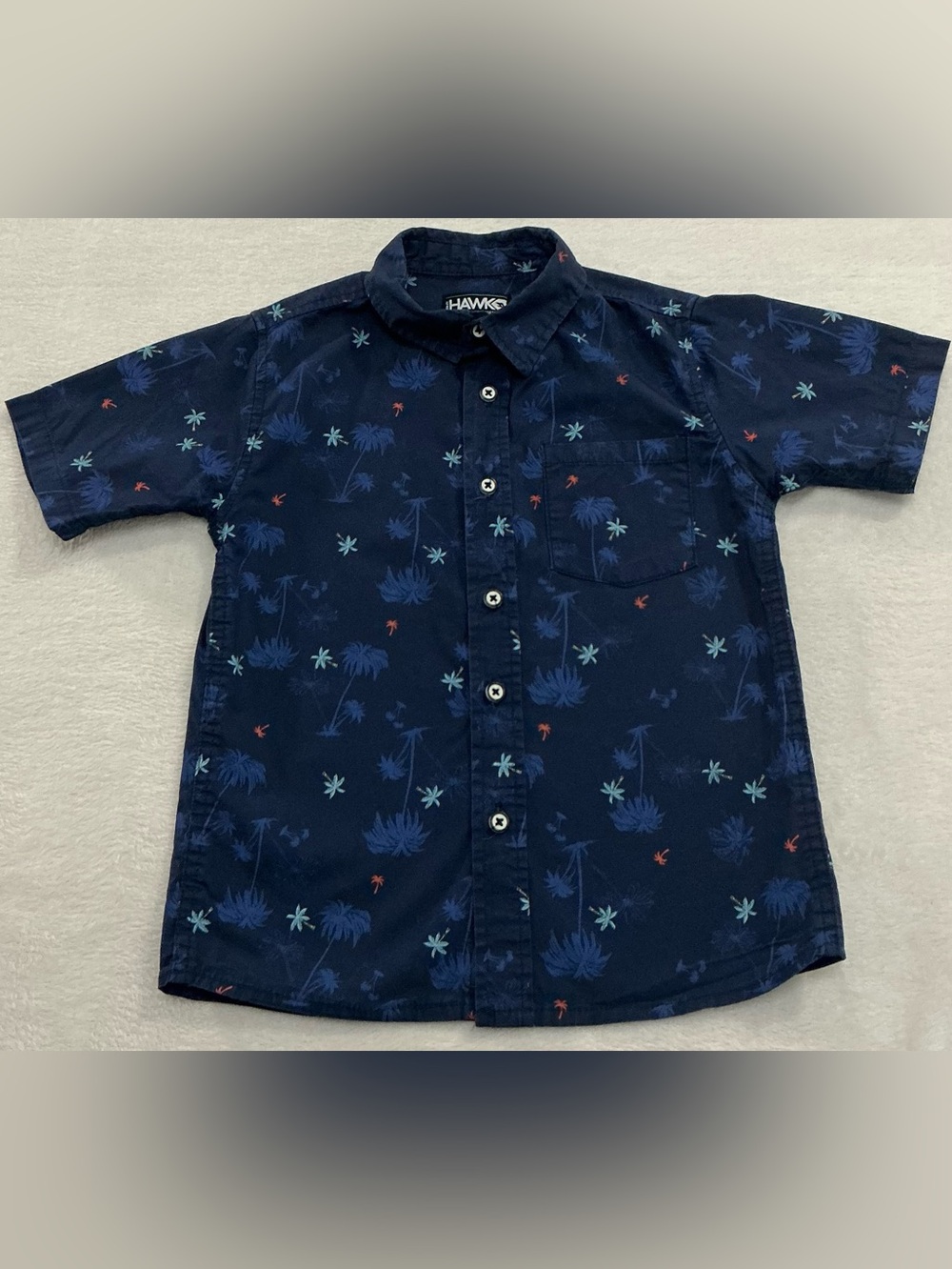 Tony Hawk Navy Blue Short Sleeve Button-Down Shirt with Palm Print